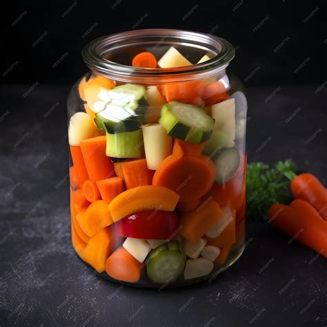 Маринованные нарезанные овощи в стеклянной банке на фоне графитовой ...