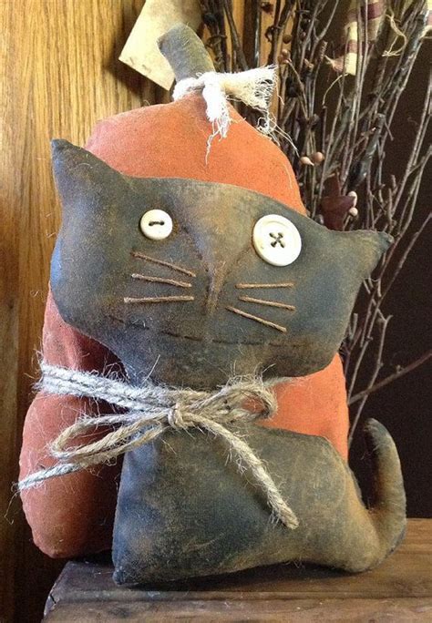 Primitive Stuffed Black Cat With Pumpkin Halloween Craft Etsy Etsy