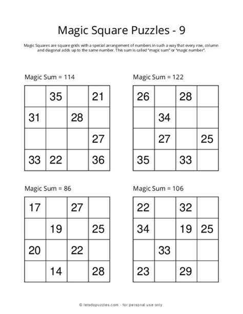 Printable Magic Square Puzzles