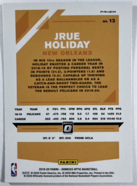 2019 20 Panini Donruss Optic Jrue Holiday Purple Shock Prizm 13