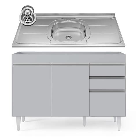 Balcão de Cozinha Pia Inox 120cm 3 Portas Michigan Cinza Claro