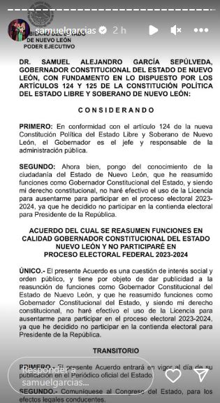 Acuerdo oficial Samuel García se retira de la contienda presidencial