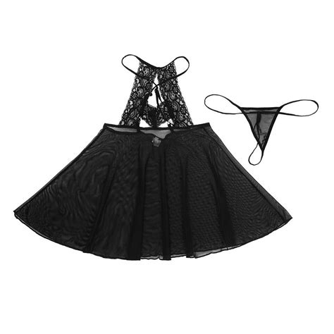 Women Open Bust Lingerie Dress With G String Lace See Through Nightwear Babydoll EBay