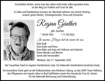 Traueranzeigen von Regina Günther franken gedenkt de