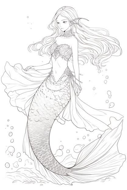 A Mermaid With Long Hair And A Dress Is Standing In The Water