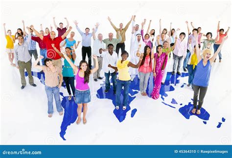 Large Multi Ethnic Group Of World People With World Map Stock Photo