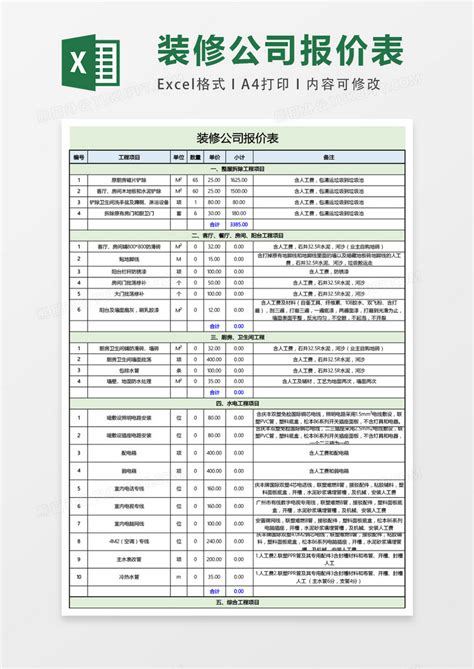 装修公司报价表格表格excel模板下载熊猫办公