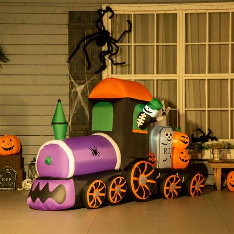 Homcom 8ft Inflatable Halloween Skeleton Ride Train With Ghost Tombstone And Pumpkins Blow Up