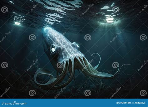 A Giant Squid, Illuminated by a Spotlight in the Deep Ocean. Stock ...