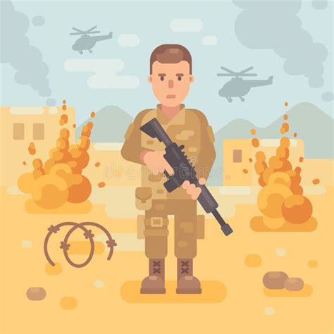 Soldier With A Rifle On The Battlefield Flat Illustration Stock Vector