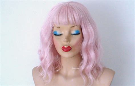 Pink Wig 16 Wavy Wig With Bangs Heat Friendly Etsy