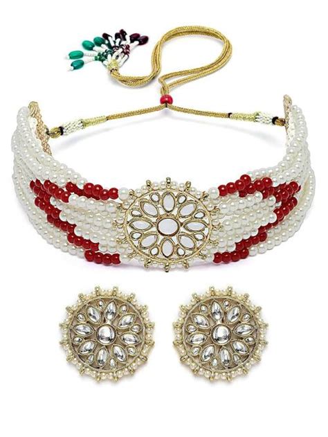 Buy Karatcart Metal Gold Plated White Pearl And Red Beads Kundan Choker