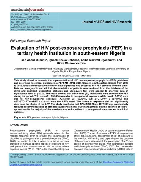 Pdf Journal Of Aids And Hiv Research Evaluation Of Hiv Post Exposure