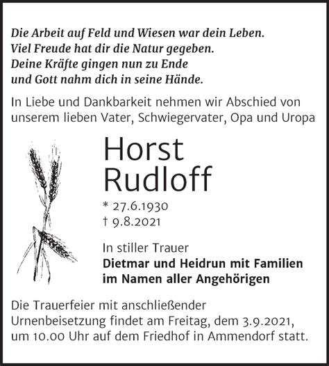 Traueranzeigen Von Horst Rudloff Abschied Nehmen De