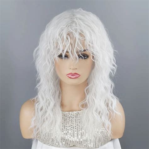 Womens White Wig With Bangs Long Curly Wig For Women Anime Cosplay