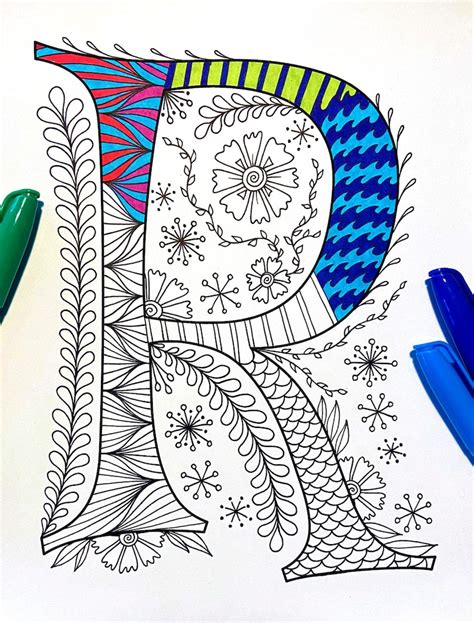 Retro Floral Letter R Coloring Page Inspired By The Font Etsy