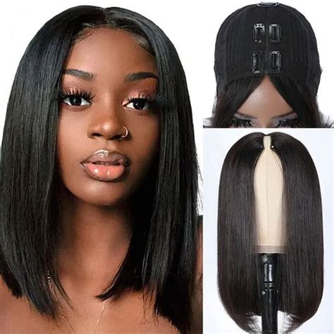 V Part Bob Wig Glueless Human Hair No Leave Out For Black Women