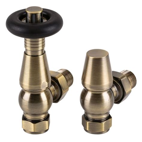 Rads 2 Rails Temple Antique Brass Angled Thermostatic Radiator Valves