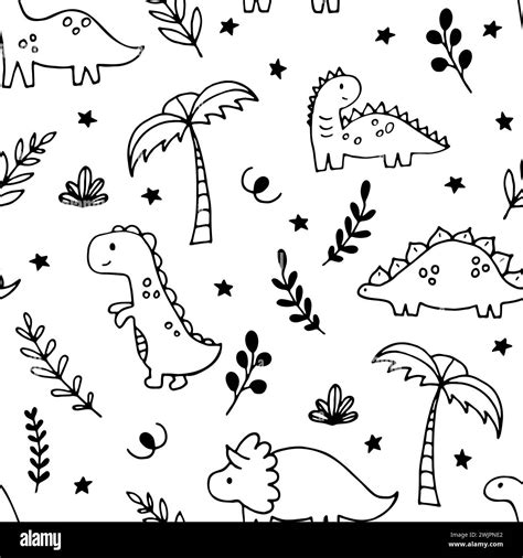 Cute Hand Drawn Seamless Pattern With Dinosaurs And Tropical Plants