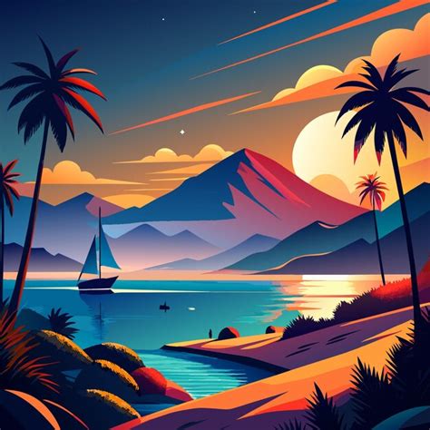 Premium Vector A Painting Of A Sailboat With Palm Trees And A Sunset