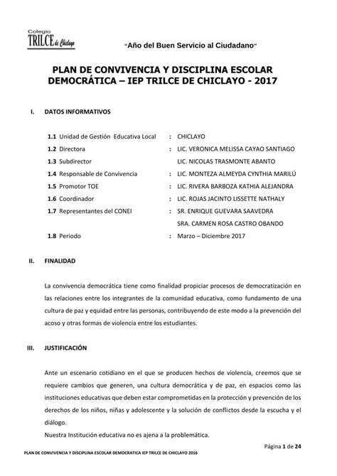 Pdf Plan De Convivencia Y Disciplina Escolar Trilcelm Edu Pe