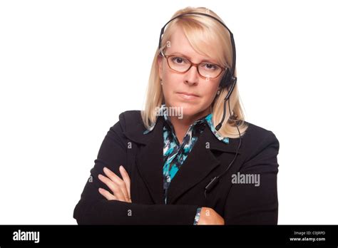 Serious Blonde Customer Support Woman Isolated On A White Background