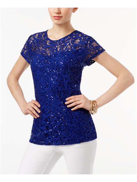 INC Womens Blue Sequined Lace Short Sleeve Jewel Neck Evening Top M EBay