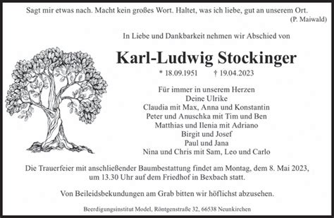 Traueranzeigen Von Karl Ludwig Stockinger Saarbruecker Zeitung Trauer De