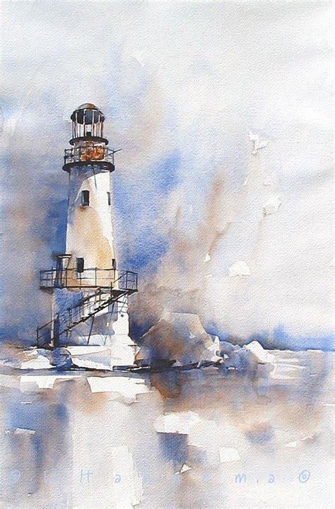 White Lighthouse Watercolor Landscape Paintings Watercolor