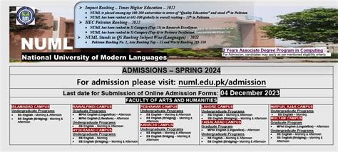 National University Of Modern Languages NUML Admission 2024 Spring