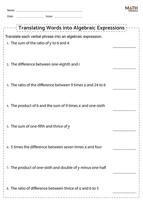 Writing Algebraic Expressions Worksheets Math Monks