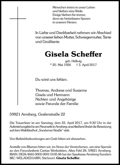 Traueranzeigen Von Gisela Scheffer Trauer In Nrw De