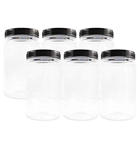 32oz Clear Plastic Jars With Black Ribbed Lids 6 Pack 32 Ounce