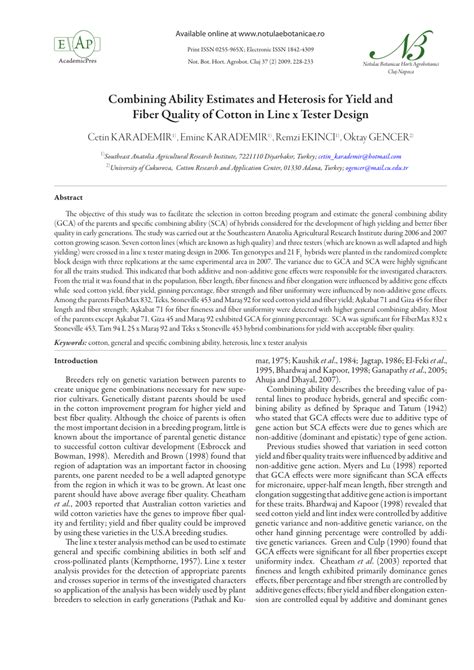 Pdf Combining Ability Estimates And Heterosis For Yield And Fiber