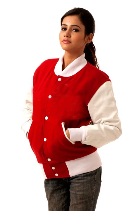 Red Sleeves And Red Satin Varsity Jacket Women Caliber Apparels