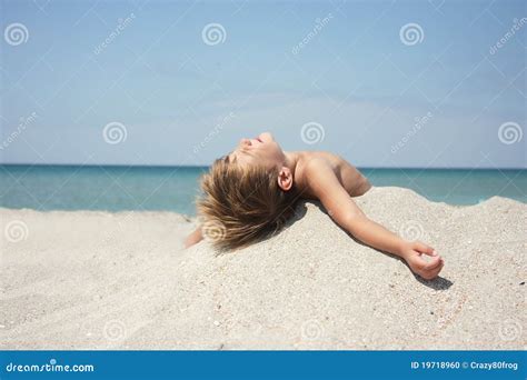 Boy Resting on Sand Beach on Hot Sunny Day Stock Photo - Image of ...