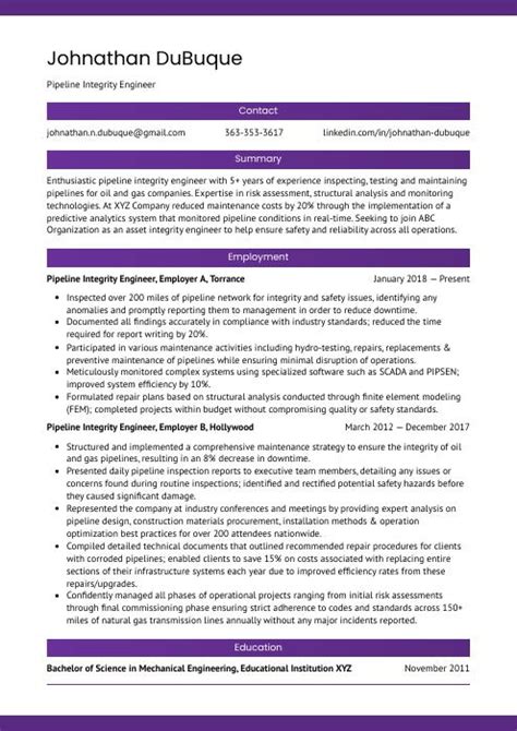 Pipeline Integrity Engineer Resume Cv Example And Writing Guide