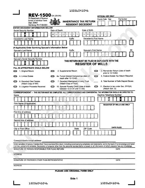 Form Rev 1500 Ex Inheritance Tax Return Resident Decedent Pa Dept Of Revenue Printable Pdf