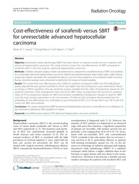 Pdf Cost Effectiveness Of Sorafenib Versus Sbrt For Unresectable Advanced Hepatocellular Carcinoma