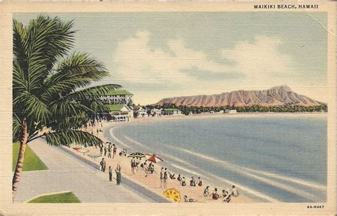 Vintage Hawaiian Postcard 1940s Waikiki Beach Diamond Head Hawaii