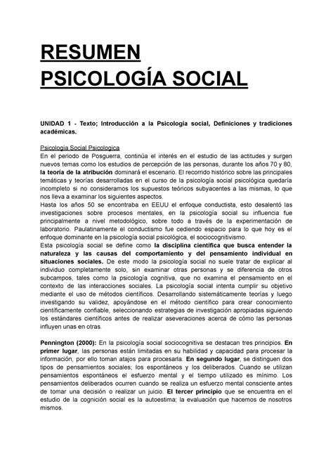 Resumen DE Psico Social 1er Parcial RESUMEN PSICOLOGÍA SOCIAL UNIDAD