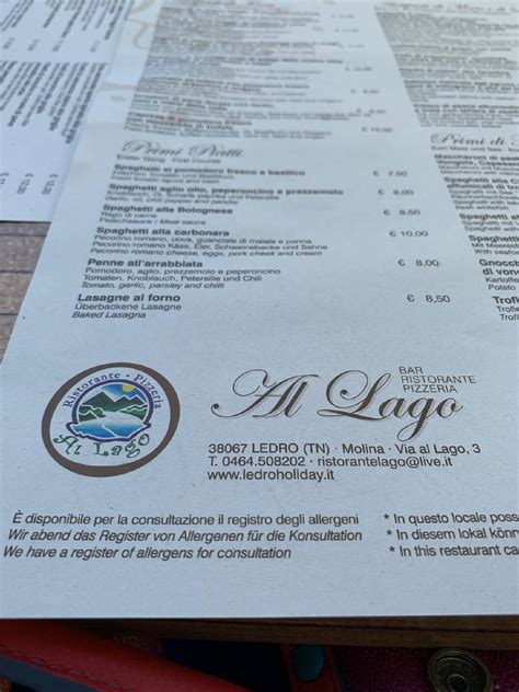 Carta De Ristorante Pizzeria Bar Al Lago Molina Di Ledro