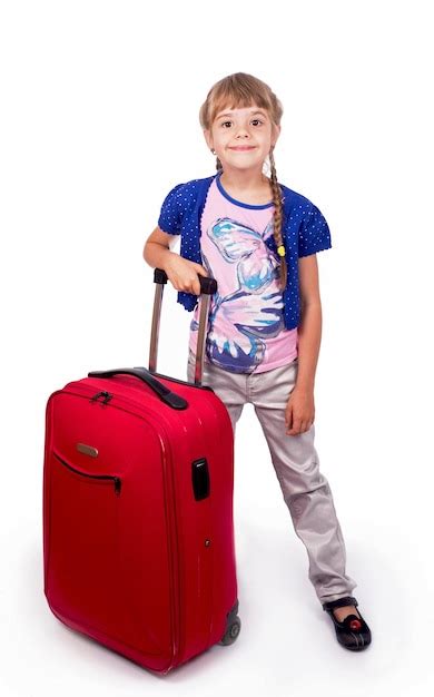 Voyage Voyage Tourisme Mignonne Petite Fille Et Grosse Valise Rouge