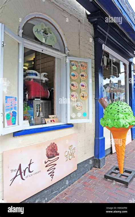 Ice Cream Booth With Sign Outside Iron Bridge Shropshire Stock Photo