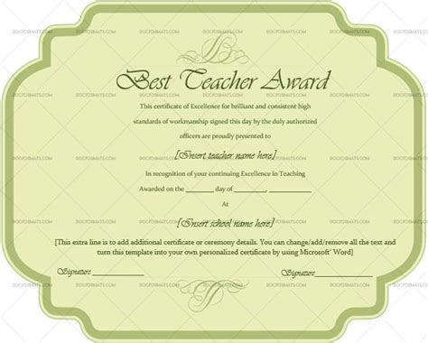 Best Teacher Award Certificate Jade Green 1239 Doc Formats