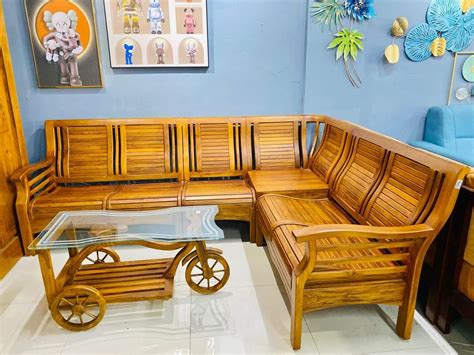 Seater Brown Teak Wood L Shape Sofa Set At Rs Teak Wood Sofa