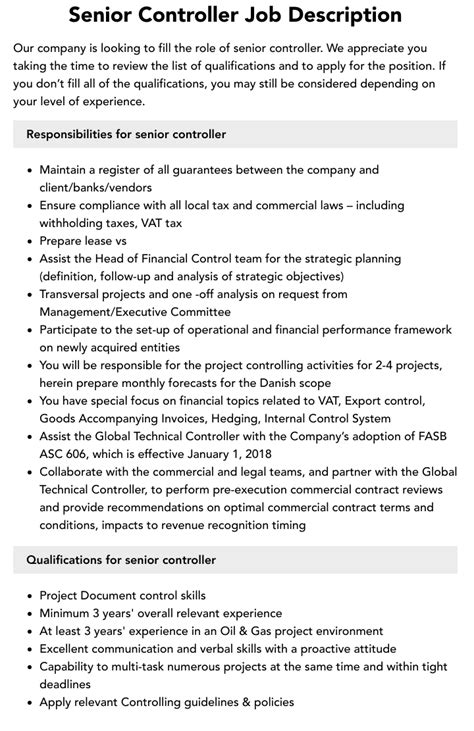 Senior Controller Job Description Velvet Jobs