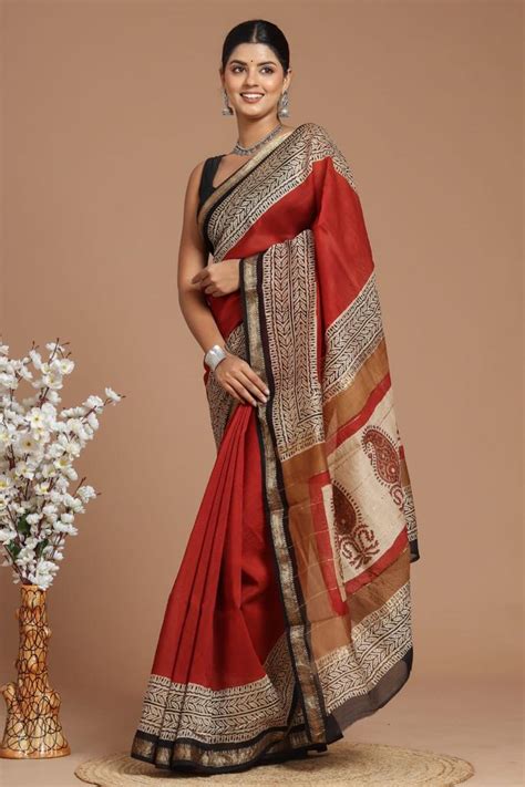 Authentic Handblock Printed Maheshwari Silk Red Saree With Blouse