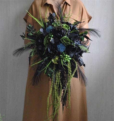 Gothic Wedding Bouquet Black Emerald Green Wedding Bouquet Cascading