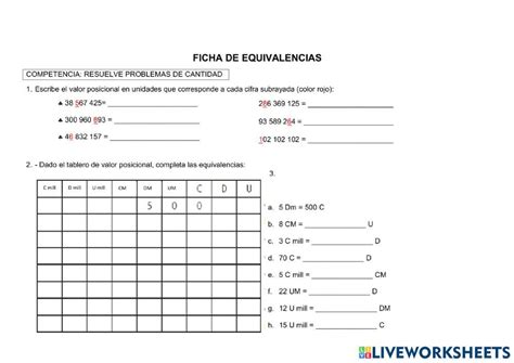 Ejercicio de Equivalencias con números naturales Equivalencias